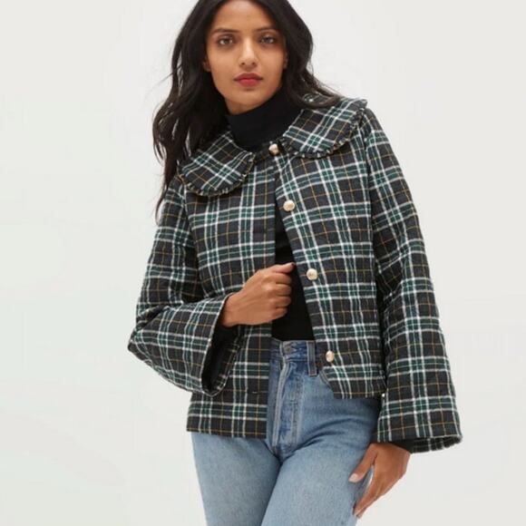 Hill House Jackets & Blazers - Hill House Quilted Jacket Womens Large Black Green Plaid Pockets Collared READ